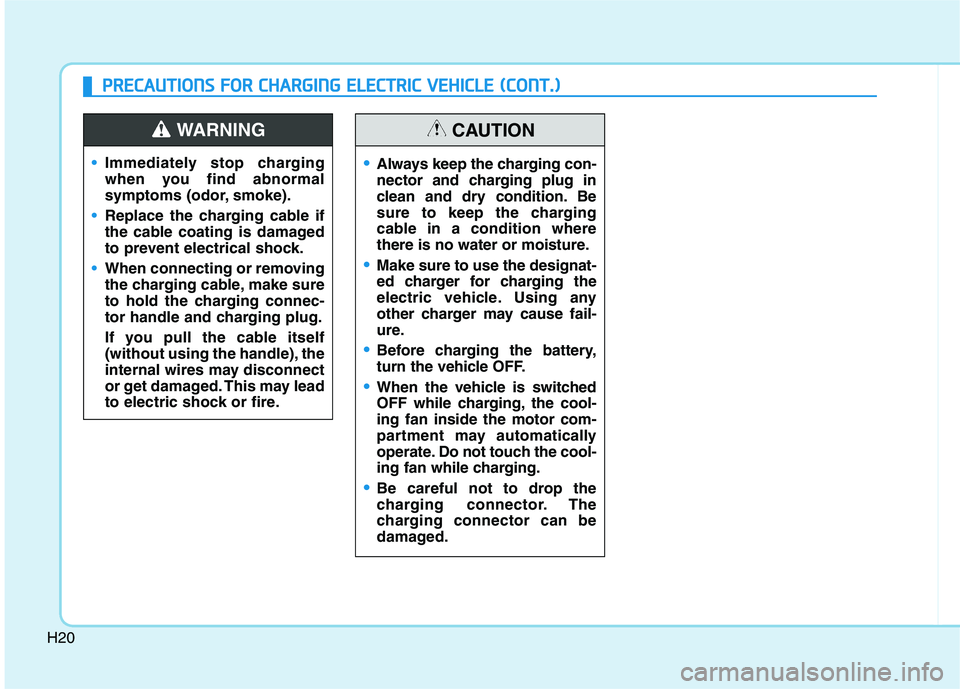 HYUNDAI IONIQ ELECTRIC 2022 Owners Manual H20
Immediately stop charging
when you find abnormal
symptoms (odor, smoke).
Replace the charging cable if
the cable coating is damaged
to prevent electrical shock.
When connecting or removing
the HYUNDAI IONIQ ELECTRIC 2022 Owners Manual H20
Immediately stop charging
when you find abnormal
symptoms (odor, smoke).
Replace the charging cable if
the cable coating is damaged
to prevent electrical shock.
When connecting or removing
the
