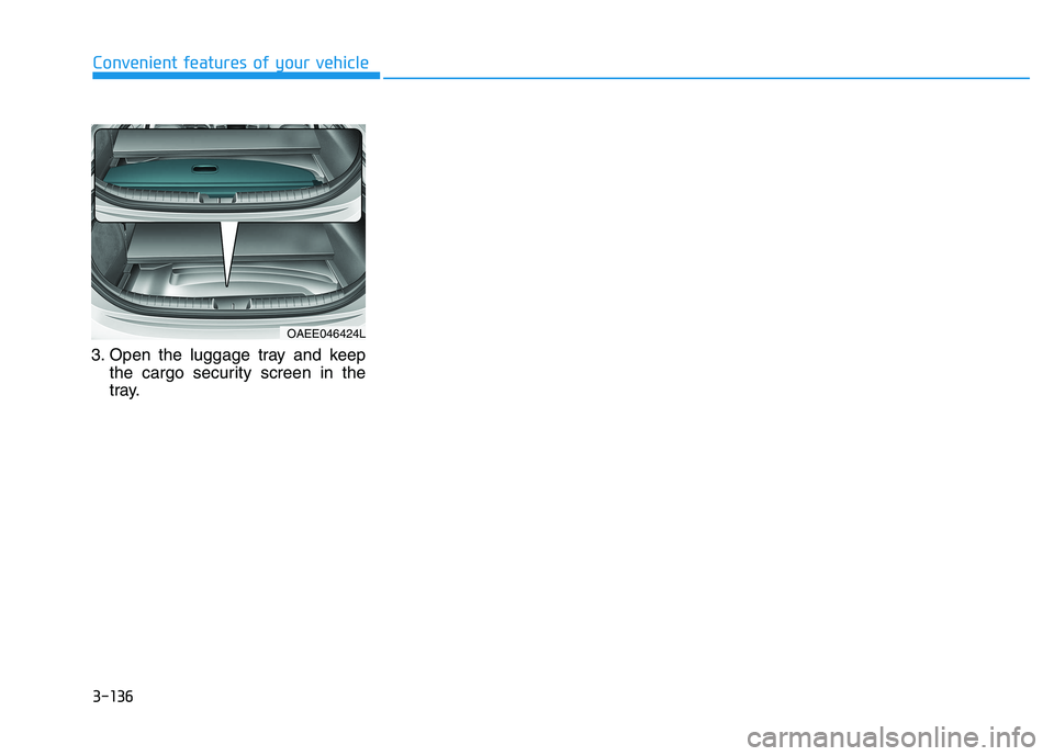 HYUNDAI IONIQ ELECTRIC 2022 Owners Manual 3-136
Convenient features of your vehicle
3. Open the luggage tray and keepthe cargo security screen in the
tray.
OAEE046424L HYUNDAI IONIQ ELECTRIC 2022 Owners Manual 3-136
Convenient features of your vehicle
3. Open the luggage tray and keepthe cargo security screen in the
tray.
OAEE046424L