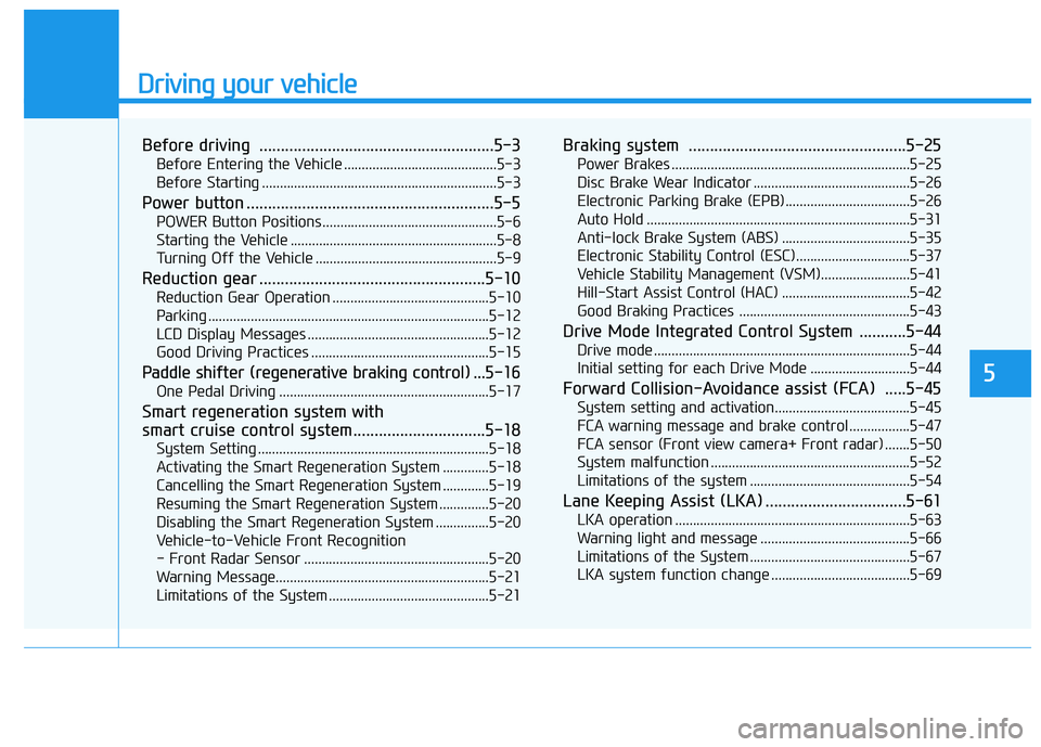 HYUNDAI IONIQ ELECTRIC 2022 Owners Manual Driving your vehicle
Before driving .......................................................5-3Before Entering the Vehicle ...........................................5-3
Before Starting .............. HYUNDAI IONIQ ELECTRIC 2022 Owners Manual Driving your vehicle
Before driving .......................................................5-3Before Entering the Vehicle ...........................................5-3
Before Starting ..............
