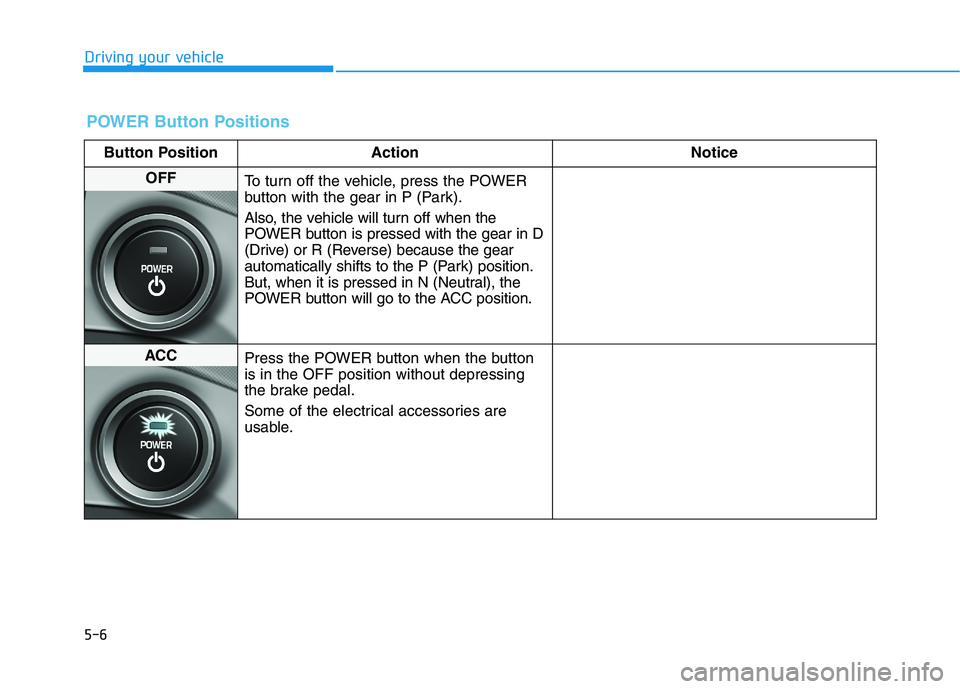 HYUNDAI IONIQ ELECTRIC 2022 Owners Manual 5-6
Driving your vehicle
POWER Button Positions
Button Position ActionNotice
OFF
To turn off the vehicle, press the POWER
button with the gear in P (Park).
Also, the vehicle will turn off when the
HYUNDAI IONIQ ELECTRIC 2022 Owners Manual 5-6
Driving your vehicle
POWER Button Positions
Button Position ActionNotice
OFF
To turn off the vehicle, press the POWER
button with the gear in P (Park).
Also, the vehicle will turn off when the
