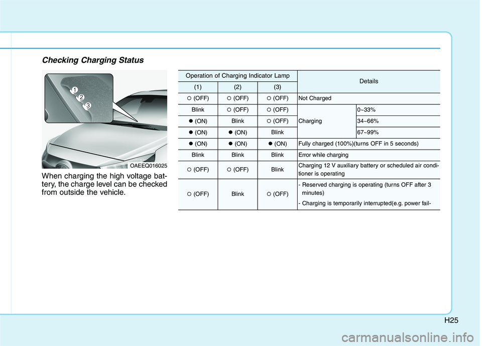 HYUNDAI IONIQ ELECTRIC 2022 Owners Guide H25
Checking Charging Status
When charging the high voltage bat- 
tery, the charge level can be checked
from outside the vehicle.
OAEEQ016025
Operation of Charging Indicator LampDetails(1)(2)(3)
�(OFF