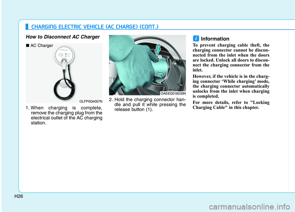 HYUNDAI IONIQ ELECTRIC 2022 Owners Guide H26
How to Disconnect AC Charger
1. When charging is complete,remove the charging plug from the 
electrical outlet of the AC chargingstation. 2. Hold the charging connector han-
dle and pull it while 