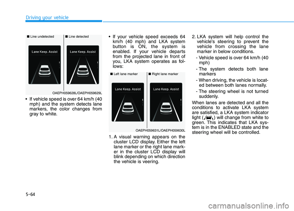 HYUNDAI IONIQ ELECTRIC 2022 Owners Manual 5-64
Driving your vehicle
If vehicle speed is over 64 km/h (40mph) and the system detects lane
markers, the color changes from
gray to white. If your vehicle speed exceeds 64
km/h (40 mph) and LKA HYUNDAI IONIQ ELECTRIC 2022 Owners Manual 5-64
Driving your vehicle
If vehicle speed is over 64 km/h (40mph) and the system detects lane
markers, the color changes from
gray to white. If your vehicle speed exceeds 64
km/h (40 mph) and LKA