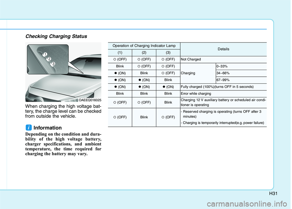 HYUNDAI IONIQ ELECTRIC 2022 Owners Guide H31
Checking Charging Status
When charging the high voltage bat- 
tery, the charge level can be checked
from outside the vehicle.Information 
Depending on the condition and dura-
bility of the high vo