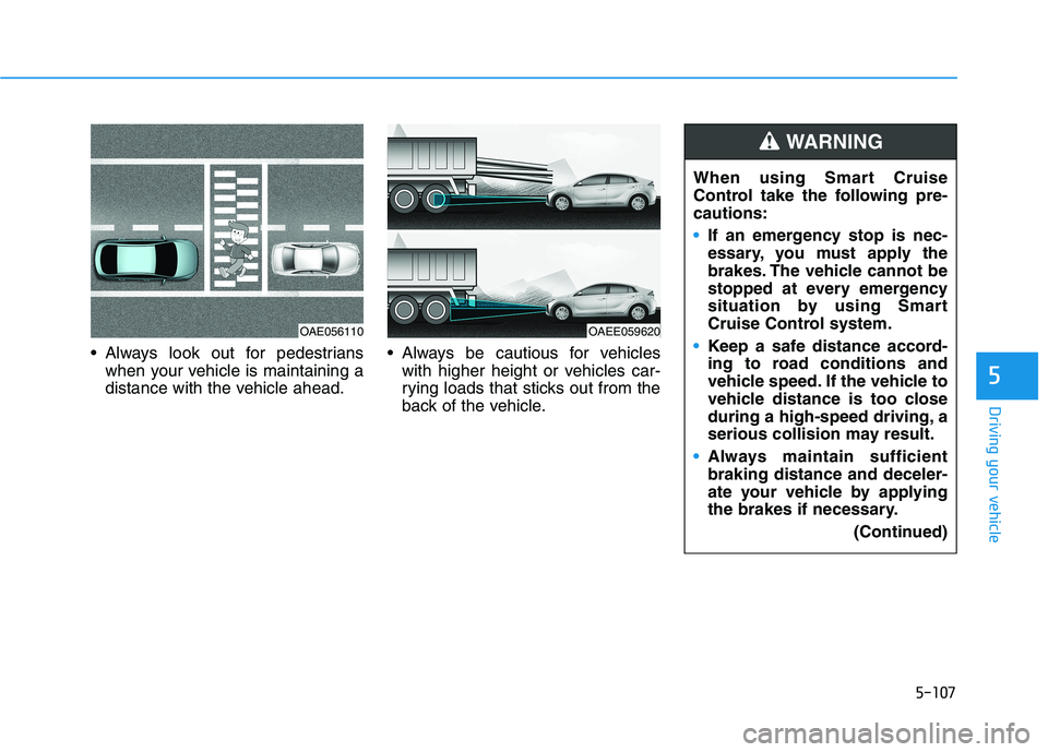 HYUNDAI IONIQ ELECTRIC 2022 Owners Manual 5-107
Driving your vehicle
5
Always look out for pedestrianswhen your vehicle is maintaining a
distance with the vehicle ahead. Always be cautious for vehicles
with higher height or vehicles car-
r HYUNDAI IONIQ ELECTRIC 2022 Owners Manual 5-107
Driving your vehicle
5
Always look out for pedestrianswhen your vehicle is maintaining a
distance with the vehicle ahead. Always be cautious for vehicles
with higher height or vehicles car-
r