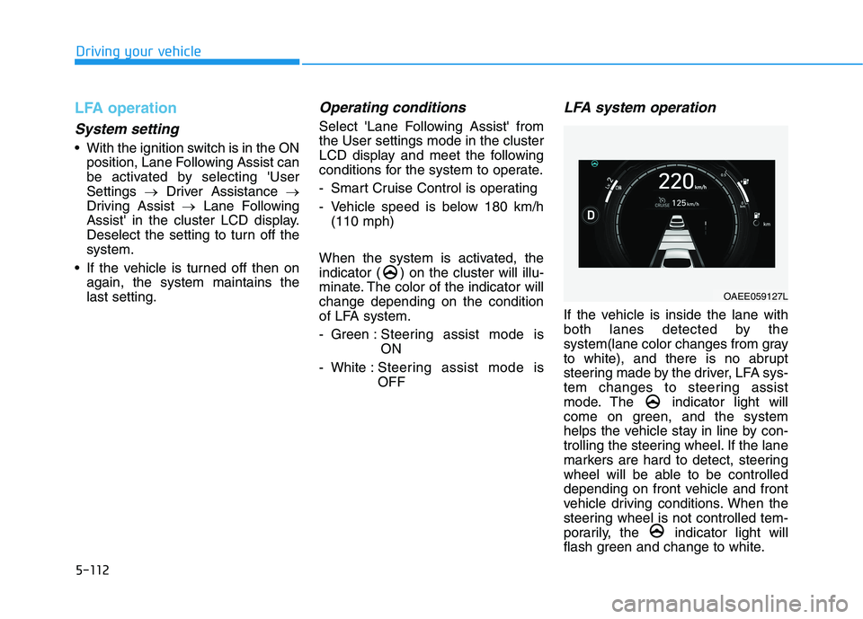 HYUNDAI IONIQ ELECTRIC 2022  Owners Manual 5-112
Driving your vehicle
LFA operation
System setting
 With the ignition switch is in the ONposition, Lane Following Assist can 
be activated by selecting UserSettings  �Driver Assistance  �
Drivin