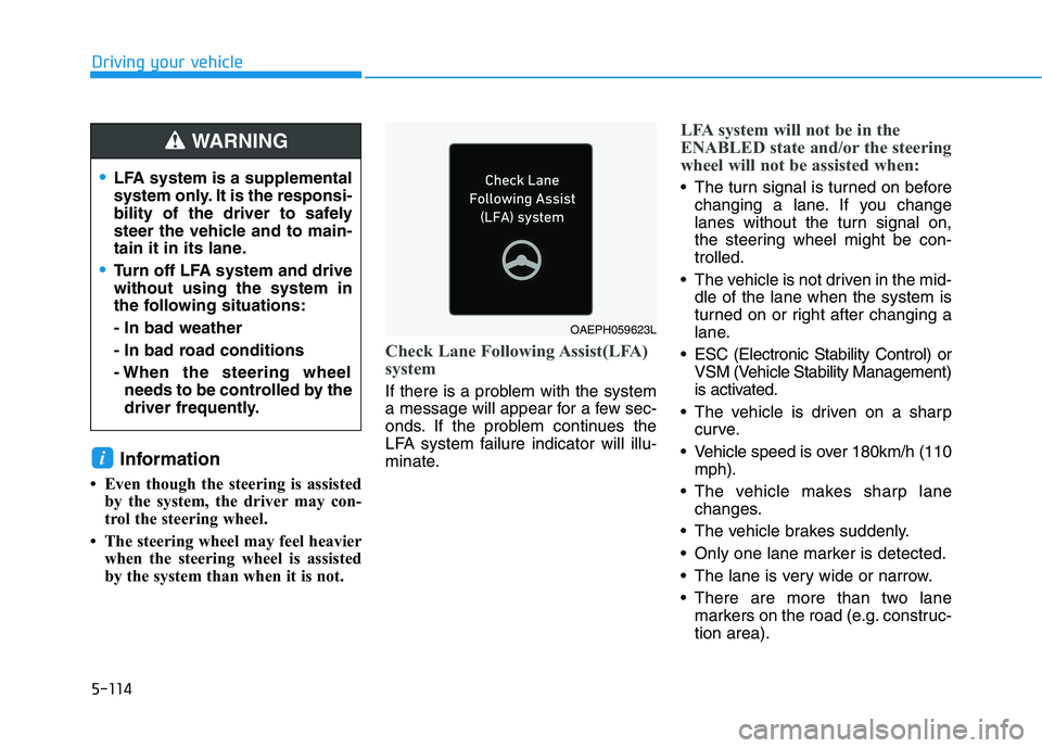 HYUNDAI IONIQ ELECTRIC 2022  Owners Manual 5-114
Driving your vehicle
Information 
 Even though the steering is assisted by the system, the driver may con- 
trol the steering wheel. 
 The steering wheel may feel heavier when the steering whe