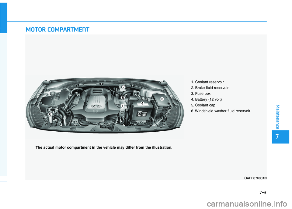 HYUNDAI IONIQ ELECTRIC 2022 Owners Manual 7-3
7
Maintenance
MMOOTTOO RR CC OO MM PPAA RRTTMM EENN TT
1. Coolant reservoir
2. Brake fluid reservoir
3. Fuse box
4. Battery (12 volt)
5. Coolant cap
6. Windshield washer fluid reservoir
OAEE0 HYUNDAI IONIQ ELECTRIC 2022 Owners Manual 7-3
7
Maintenance
MMOOTTOO RR CC OO MM PPAA RRTTMM EENN TT
1. Coolant reservoir
2. Brake fluid reservoir
3. Fuse box
4. Battery (12 volt)
5. Coolant cap
6. Windshield washer fluid reservoir
OAEE0