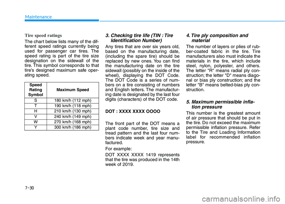 HYUNDAI IONIQ ELECTRIC 2022 Owners Manual 7-30
Maintenance
Tire speed ratings
The chart below lists many of the dif-
ferent speed ratings currently being
used for passenger car tires. The
speed rating is part of the tire size
designation on HYUNDAI IONIQ ELECTRIC 2022 Owners Manual 7-30
Maintenance
Tire speed ratings
The chart below lists many of the dif-
ferent speed ratings currently being
used for passenger car tires. The
speed rating is part of the tire size
designation on