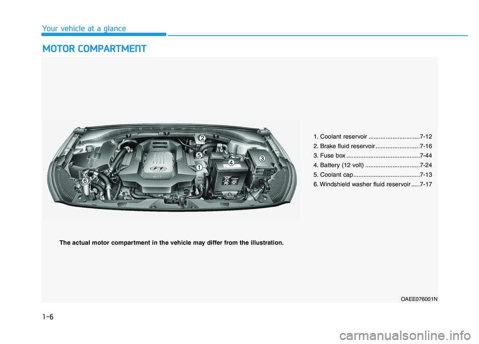 HYUNDAI IONIQ ELECTRIC 2022 Manual PDF 1-6
Your vehicle at a glanceM
M OOTTOO RR CC OO MM PPAA RRTTMM EENN TT
1. Coolant reservoir ..............................7-12
2. Brake fluid reservoir ..........................7-16
3. Fuse box ... HYUNDAI IONIQ ELECTRIC 2022 Manual PDF 1-6
Your vehicle at a glanceM
M OOTTOO RR CC OO MM PPAA RRTTMM EENN TT
1. Coolant reservoir ..............................7-12
2. Brake fluid reservoir ..........................7-16
3. Fuse box ...