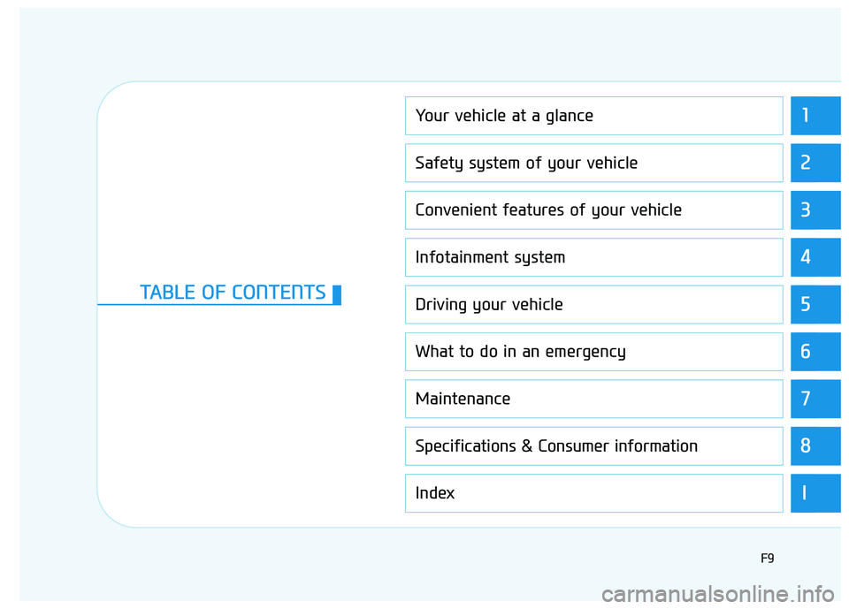 HYUNDAI IONIQ ELECTRIC 2022 Owners Manual 1
2
3
4
5
6
7
8
I
Your vehicle at a glance
Safety system of your vehicle
Convenient features of your vehicle
Infotainment system
Driving your vehicle
What to do in an emergency
Maintenance
Specificati HYUNDAI IONIQ ELECTRIC 2022 Owners Manual 1
2
3
4
5
6
7
8
I
Your vehicle at a glance
Safety system of your vehicle
Convenient features of your vehicle
Infotainment system
Driving your vehicle
What to do in an emergency
Maintenance
Specificati