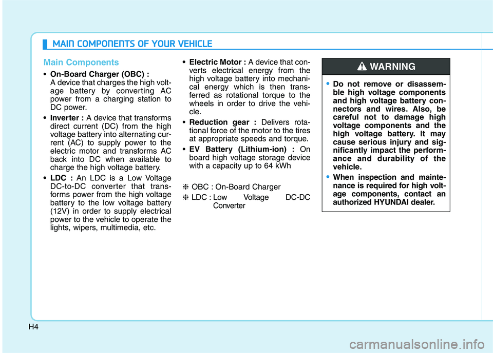 HYUNDAI IONIQ ELECTRIC 2021  Owners Manual H4
MMAAIINN   CC OO MM PPOO NNEENN TTSS  OO FF  YY OO UURR  VV EEHH IICC LLEE
Main Components
 On-Board Charger (OBC) : 
A device that charges the high volt-
age battery by converting AC
power from a 