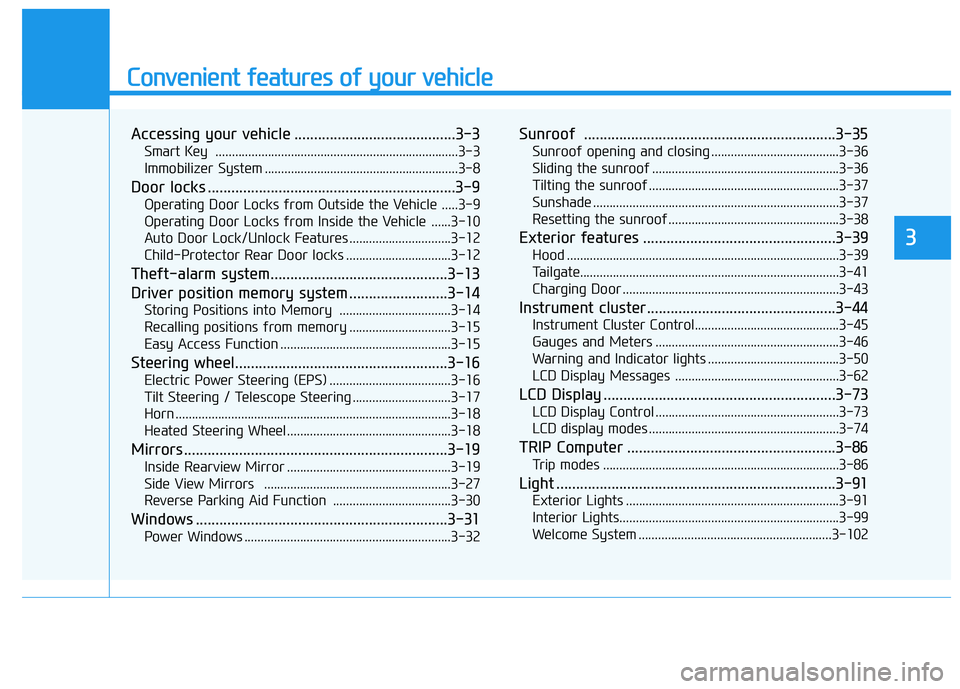 HYUNDAI IONIQ ELECTRIC 2021  Owners Manual Convenient features of your vehicle
Accessing your vehicle .........................................3-3Smart Key  ..........................................................................3-3 
Immobil