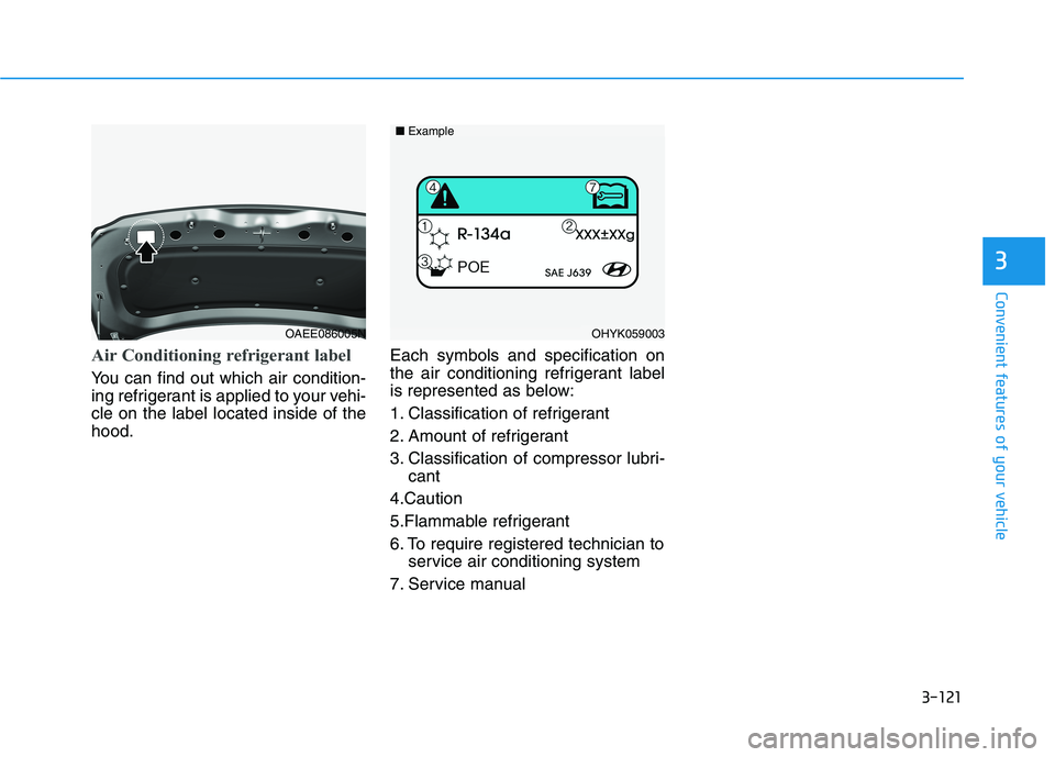 HYUNDAI IONIQ ELECTRIC 2021  Owners Manual 3-121
Convenient features of your vehicle
3
Air Conditioning refrigerant label
You can find out which air condition- 
ing refrigerant is applied to your vehi-cle on the label located inside of thehood