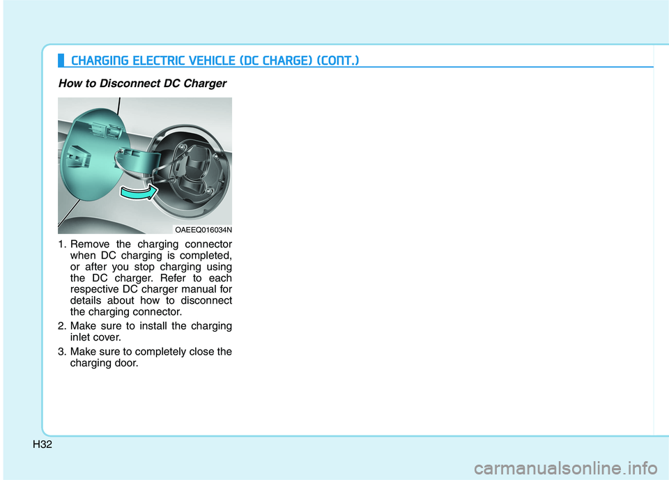 HYUNDAI IONIQ ELECTRIC 2021 Service Manual H32
How to Disconnect DC Charger
1. Remove the charging connectorwhen DC charging is completed,
or after you stop charging using
the DC charger. Refer to each
respective DC charger manual for
details HYUNDAI IONIQ ELECTRIC 2021 Service Manual H32
How to Disconnect DC Charger
1. Remove the charging connectorwhen DC charging is completed,
or after you stop charging using
the DC charger. Refer to each
respective DC charger manual for
details