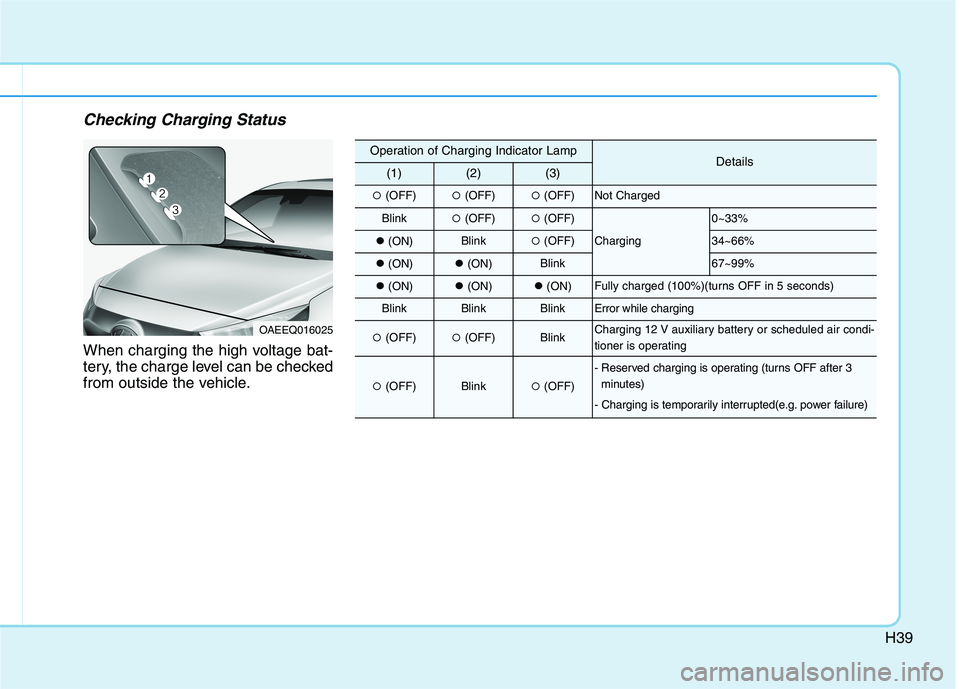 HYUNDAI IONIQ ELECTRIC 2021 Service Manual H39
Checking Charging Status
When charging the high voltage bat- 
tery, the charge level can be checked
from outside the vehicle.
OAEEQ016025
Operation of Charging Indicator LampDetails(1)(2)(3)
�(OFF