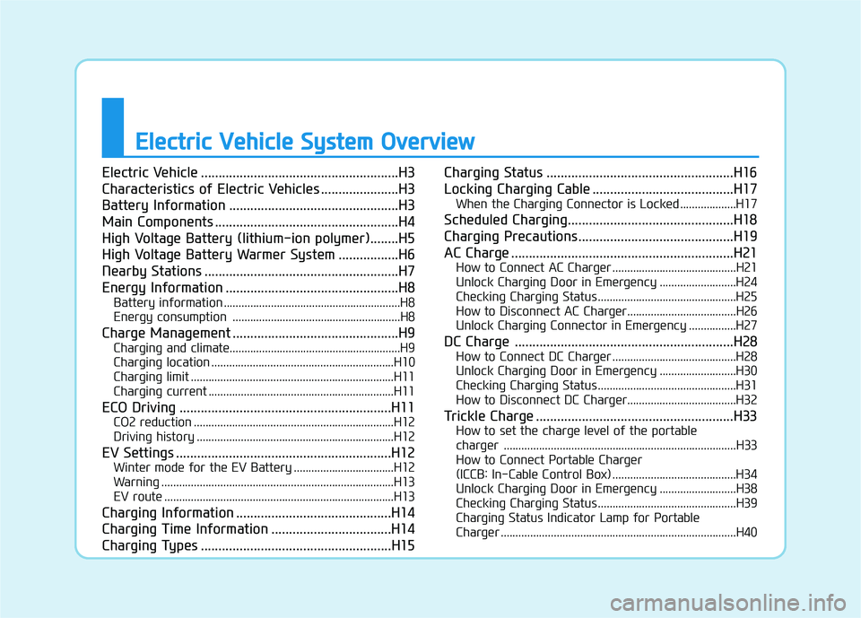 HYUNDAI IONIQ ELECTRIC 2021 Owners Manual EEllee ccttrr iicc VV eehh iicc llee SS yyssttee mm OO vvee rrvv iiee ww
Electric Vehicle ........................................................H3
Characteristics of Electric Vehicles ....... HYUNDAI IONIQ ELECTRIC 2021 Owners Manual EEllee ccttrr iicc VV eehh iicc llee SS yyssttee mm OO vvee rrvv iiee ww
Electric Vehicle ........................................................H3
Characteristics of Electric Vehicles .......
