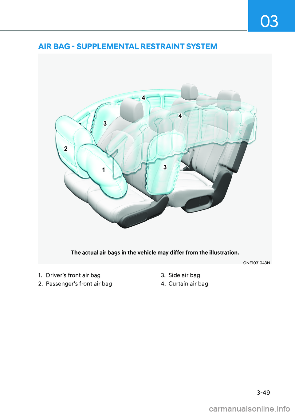 HYUNDAI IONIQ 5 2023  Owners Manual 3-49
03
The actual air bags in the vehicle may differ from the illustration.
ONE1031043N
aiR bag - supplemental RestRaint system
1.  Driver’s front air bag 
2.  Passenger’s front air bag3.  Side a