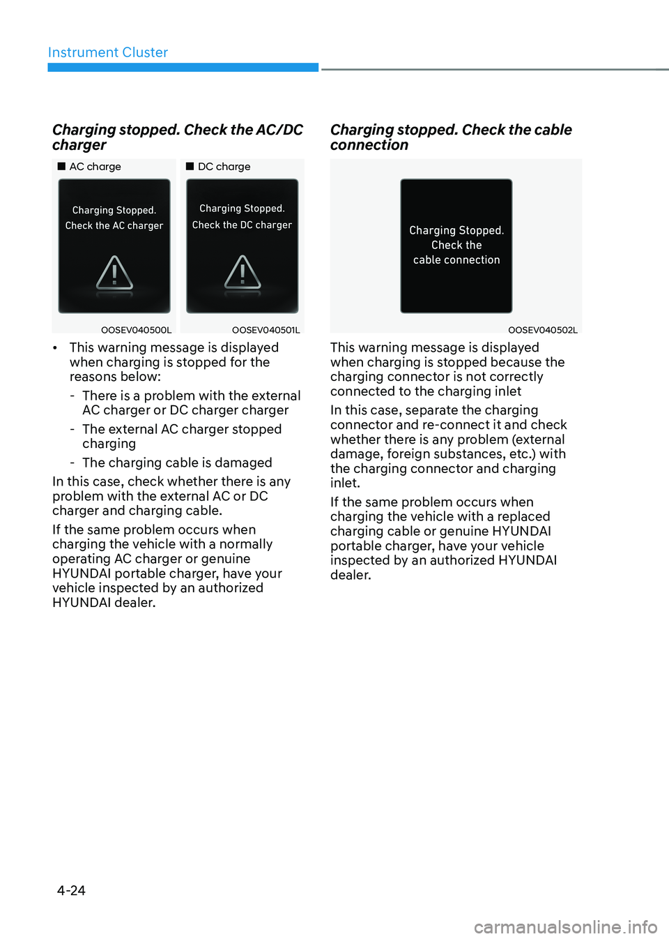 HYUNDAI IONIQ 5 2023 Owners Manual Instrument Cluster
4-24
Charging stopped. Check the AC/DC
charger
AC charge
DC charge
OOSEV040500LOOSEV040501L
• This warning message is displayed
when charging is stopp HYUNDAI IONIQ 5 2023 Owners Manual Instrument Cluster
4-24
Charging stopped. Check the AC/DC
charger
AC charge
DC charge
OOSEV040500LOOSEV040501L
• This warning message is displayed
when charging is stopp