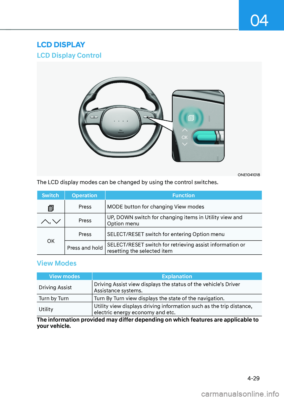 HYUNDAI IONIQ 5 2023 Owners Manual 04
4-29
LCD Display Control
ONE1041018
The LCD display modes can be changed by using the control switches.
Switch Operation Function
Press MODE button for changing View modes
, Press UP, DOWN switch f HYUNDAI IONIQ 5 2023 Owners Manual 04
4-29
LCD Display Control
ONE1041018
The LCD display modes can be changed by using the control switches.
Switch Operation Function
Press MODE button for changing View modes
, Press UP, DOWN switch f