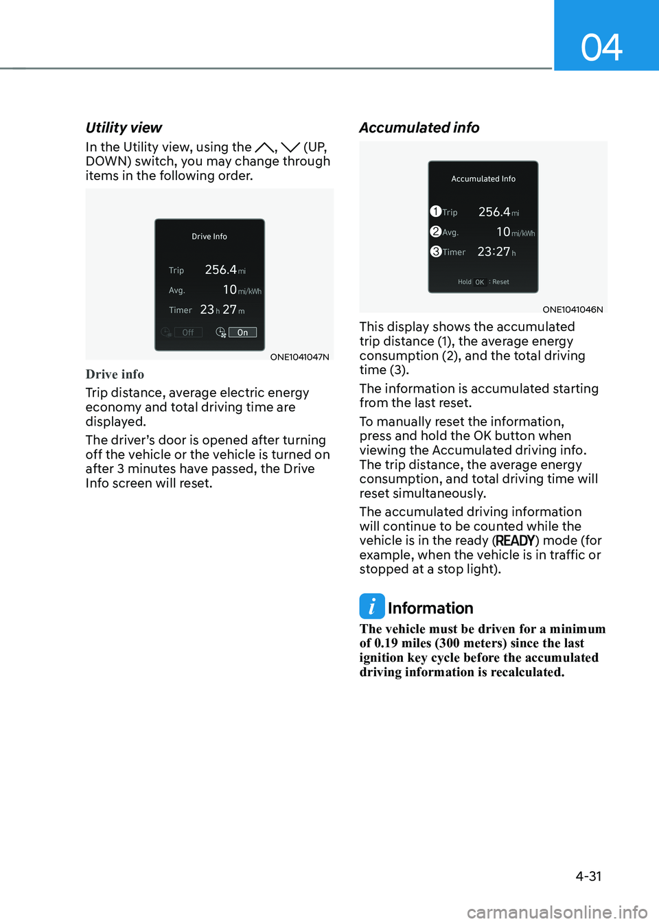 HYUNDAI IONIQ 5 2023  Owners Manual 04
4-31
Utility view 
In the Utility view, using the 
,  (UP, 
DOWN) switch, you may change through  
items in the following order.
ONE1041047N
Drive info
Trip distance, average electric energy  
econ