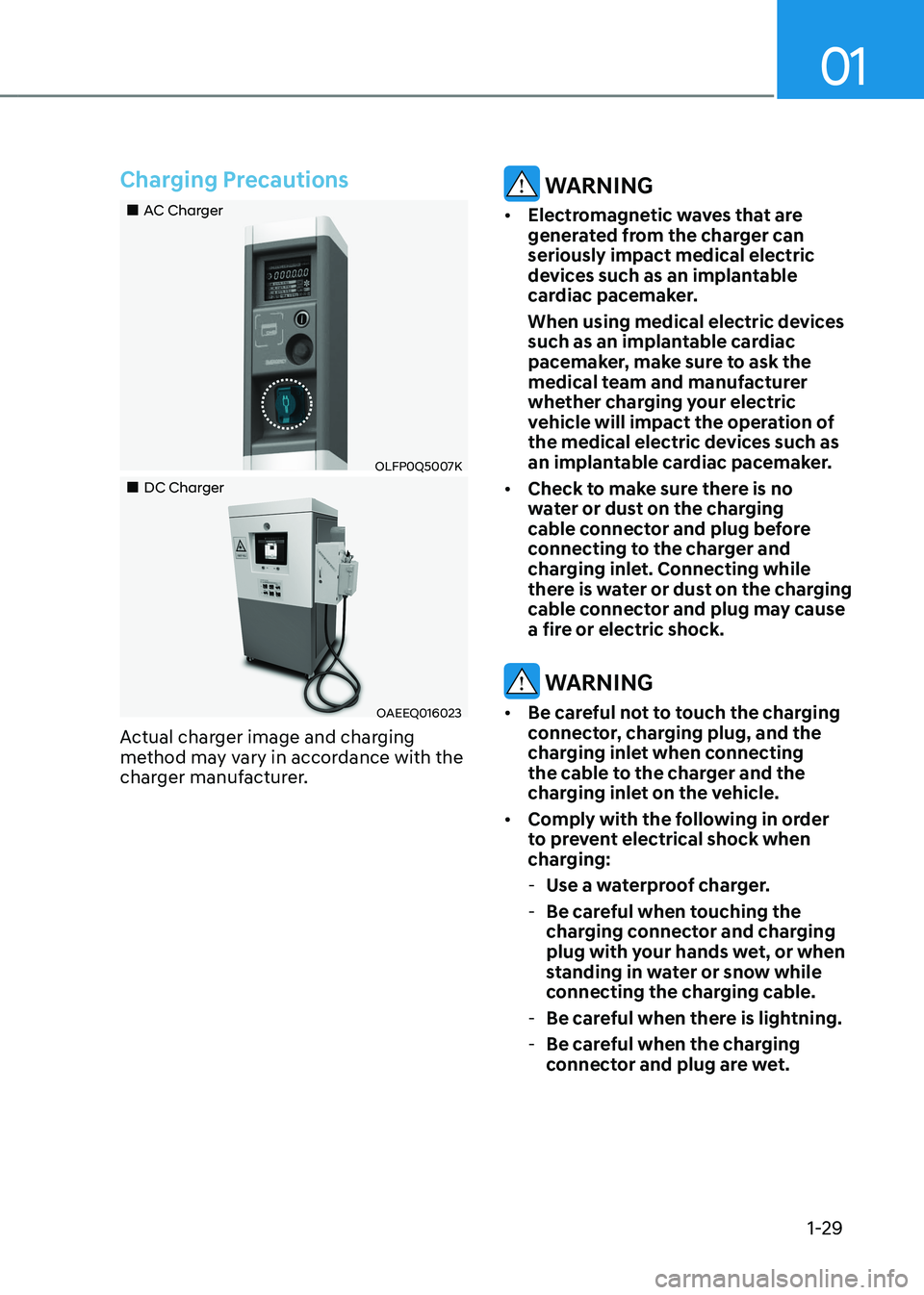 HYUNDAI IONIQ 5 2023 Owners Guide 01
1-29
Charging Precautions
„„AC Charger
OLFP0Q5007K
„„DC Charger
OAEEQ016023
Actual charger image and charging  
method may vary in accordance with the 
charger manufacturer.
 WA