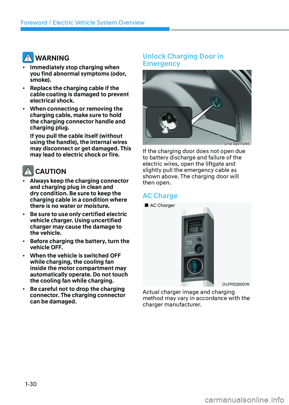 HYUNDAI IONIQ 5 2023 Owners Guide Foreword / Electric Vehicle System Overview
1-30
 WARNING
•	 Immediately stop charging when  
you find abnormal symptoms (odor, 
smoke). 
•	 Replace the charging cable if the 
cable coating is dam