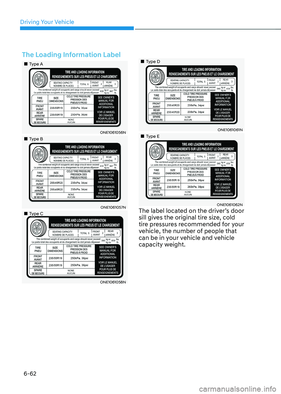 HYUNDAI IONIQ 5 2023 Owners Manual Driving Your Vehicle
6-62
The Loading Information Label
Type A
ONE1061056N
Type B
ONE1061057N
Type C
ONE1061058N
Type D
ONE1061061N
Type E
O HYUNDAI IONIQ 5 2023 Owners Manual Driving Your Vehicle
6-62
The Loading Information Label
Type A
ONE1061056N
Type B
ONE1061057N
Type C
ONE1061058N
Type D
ONE1061061N
Type E
O