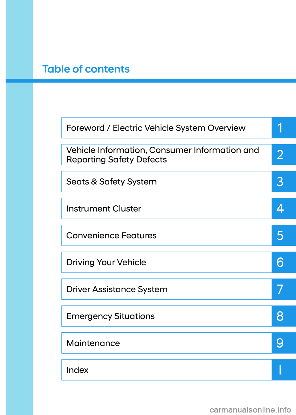 HYUNDAI IONIQ 5 2023  Owners Manual 1
2
3
4
5
6
7
9
I
8
Maintenance 
Index
Emergency Situations
Driver Assistance System
Driving Your Vehicle
Convenience Features
Instrument Cluster
Seats & Safety System
Vehicle Information, Consumer In