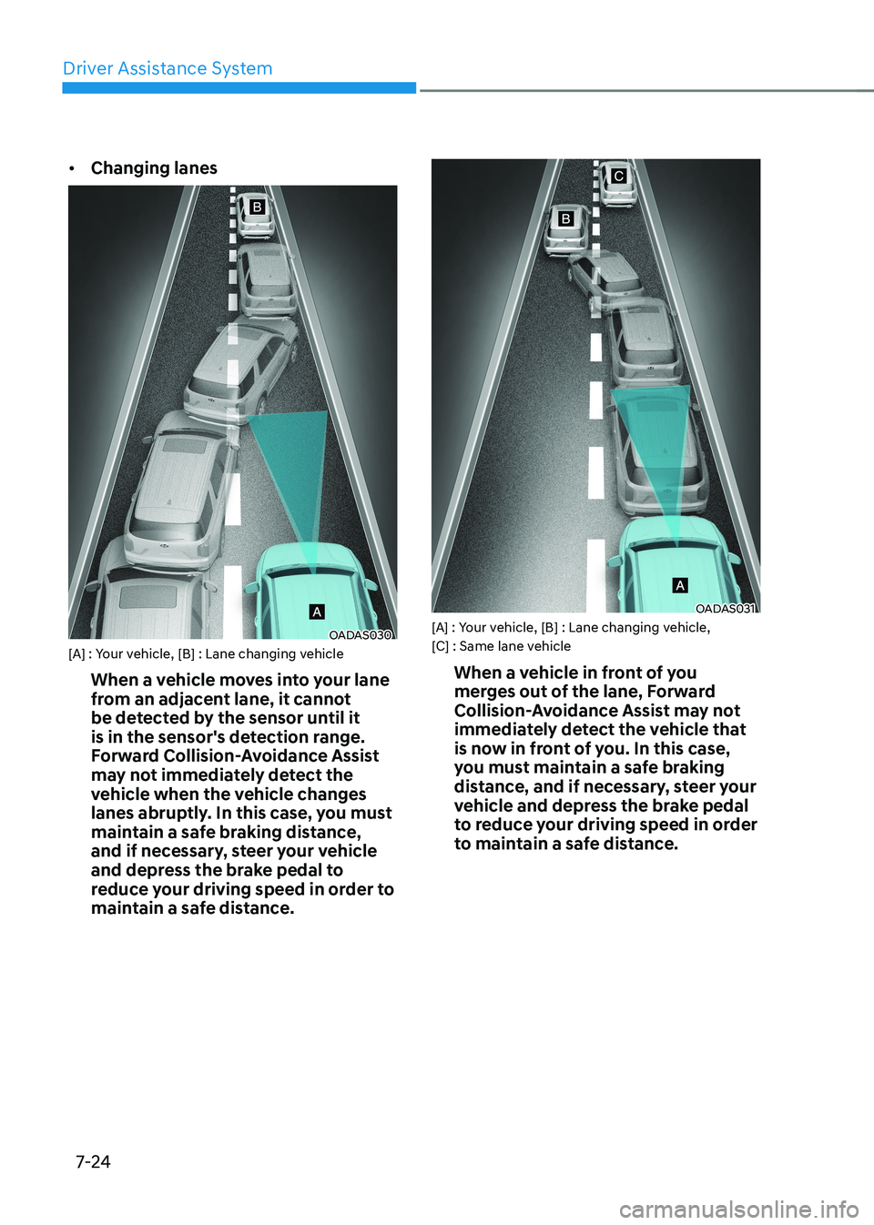 HYUNDAI IONIQ 5 2023  Owners Manual Driver Assistance System
7-24
•	
Changing lanes
OADAS030
[A] : Your vehicle, [B] : Lane changing vehicle
When a vehicle moves into your lane  
from an adjacent lane, it cannot 
be detected by the se