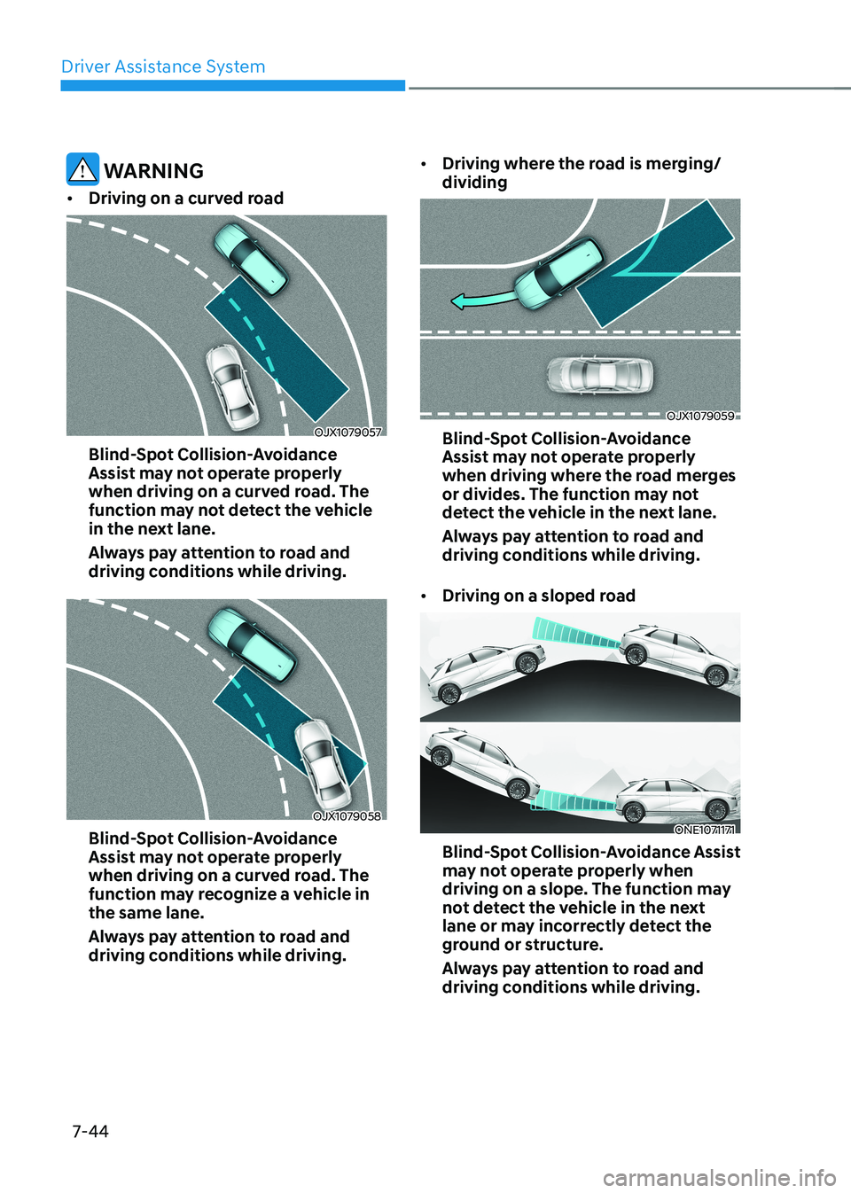 HYUNDAI IONIQ 5 2023 Owners Manual Driver Assistance System
7-44
WARNING
• Driving on a curved road
OJX1079057
Blind-Spot Collision-Avoidance
Assist may not operate properly
when driving on a curved road. The
function may not d HYUNDAI IONIQ 5 2023 Owners Manual Driver Assistance System
7-44
WARNING
• Driving on a curved road
OJX1079057
Blind-Spot Collision-Avoidance
Assist may not operate properly
when driving on a curved road. The
function may not d