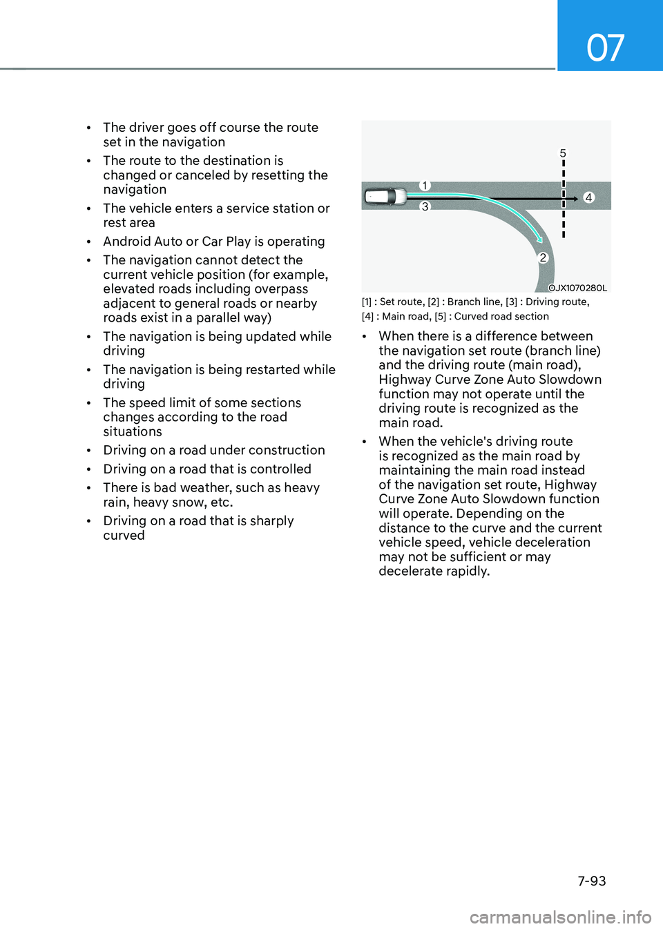 HYUNDAI IONIQ 5 2023 Owners Manual 07
7-93
•
The driver goes off course the route
set in the navigation
• The route to the destination is
changed or canceled by resetting the
navigation
• The vehicle enters a service stati HYUNDAI IONIQ 5 2023 Owners Manual 07
7-93
•
The driver goes off course the route
set in the navigation
• The route to the destination is
changed or canceled by resetting the
navigation
• The vehicle enters a service stati