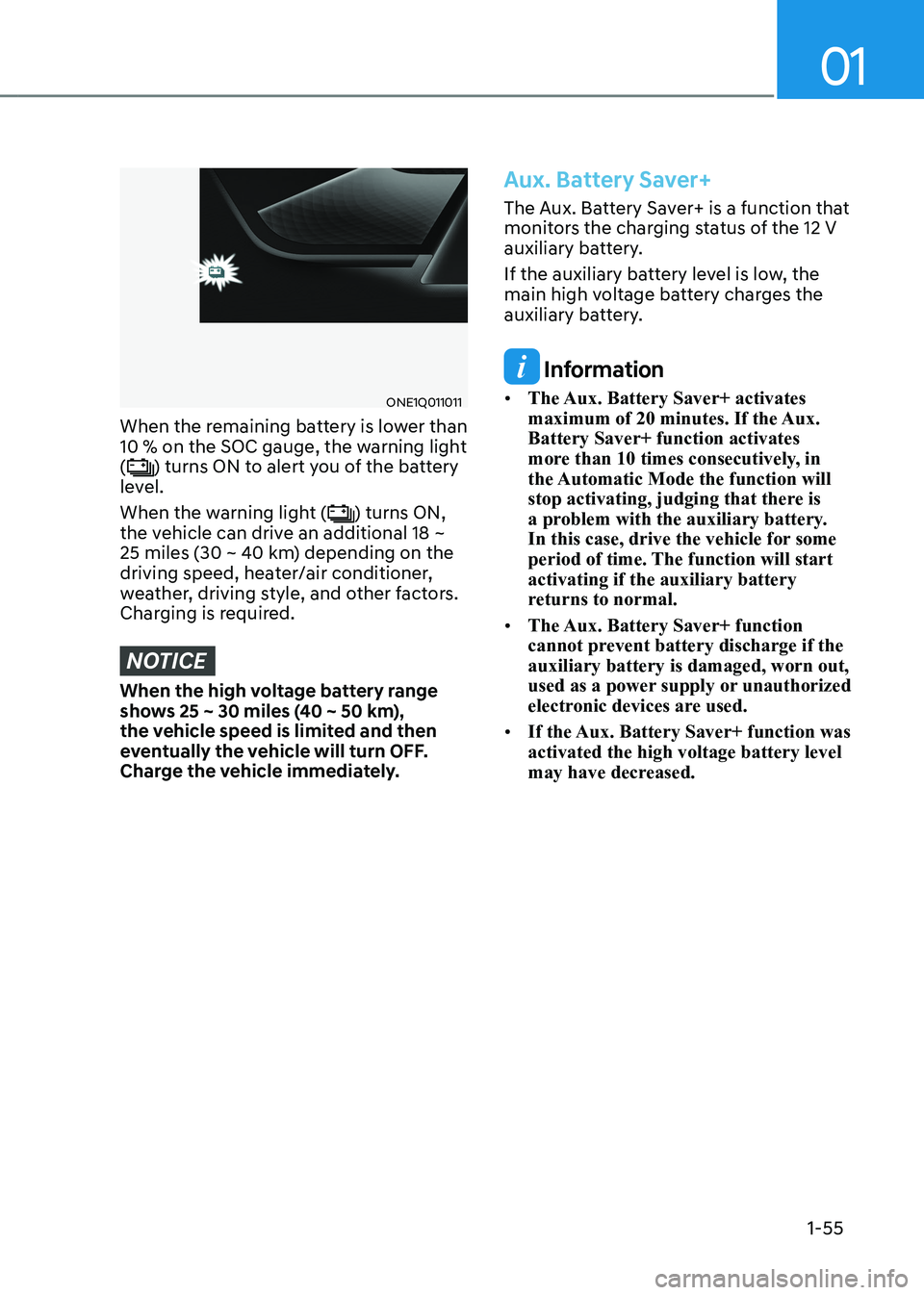 HYUNDAI IONIQ 5 2023 Workshop Manual 01
1-55
ONE1Q011011
When the remaining battery is lower than  
10 % on the SOC gauge, the warning light (
) turns ON to alert you of the battery 
level. 
When the warning light (
) turns ON, 
the vehi