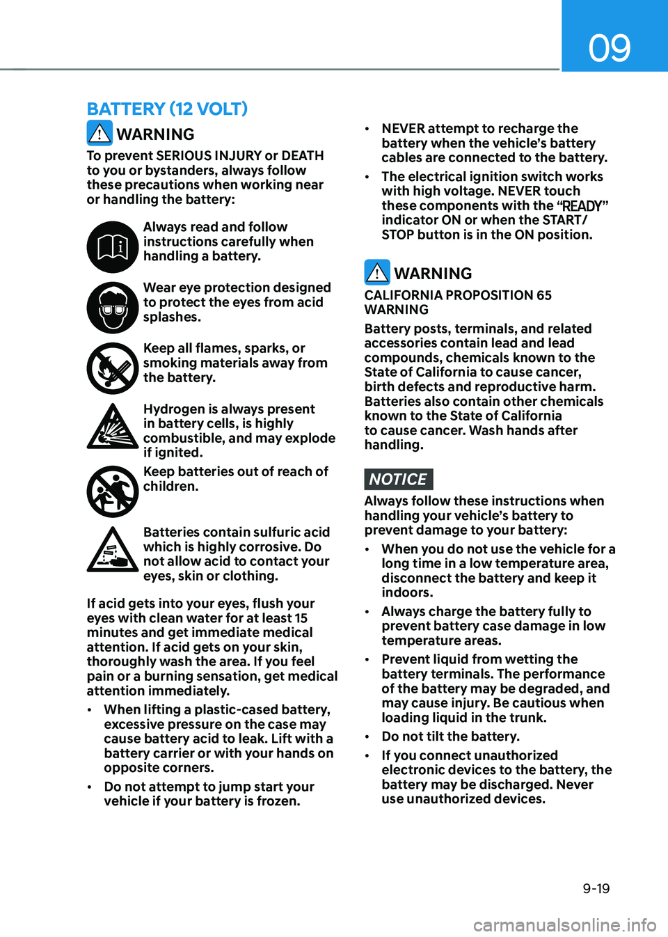 HYUNDAI IONIQ 5 2023  Owners Manual 09
9-19
 WARNING
To prevent SERIOUS INJURY or DEATH  
to you or bystanders, always follow 
these precautions when working near 
or handling the battery:
Always read and follow  
instructions carefully