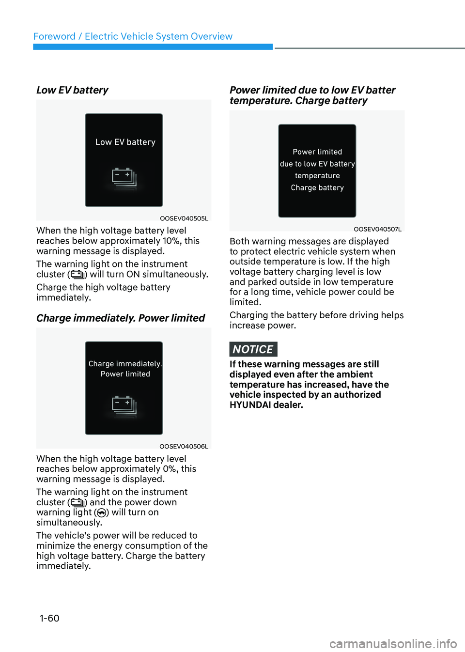 HYUNDAI IONIQ 5 2023 Repair Manual Foreword / Electric Vehicle System Overview
1-60
Low EV battery
OOSEV040505L
When the high voltage battery level
reaches below approximately 10%, this
warning message is displayed.
The warning li HYUNDAI IONIQ 5 2023 Repair Manual Foreword / Electric Vehicle System Overview
1-60
Low EV battery
OOSEV040505L
When the high voltage battery level
reaches below approximately 10%, this
warning message is displayed.
The warning li