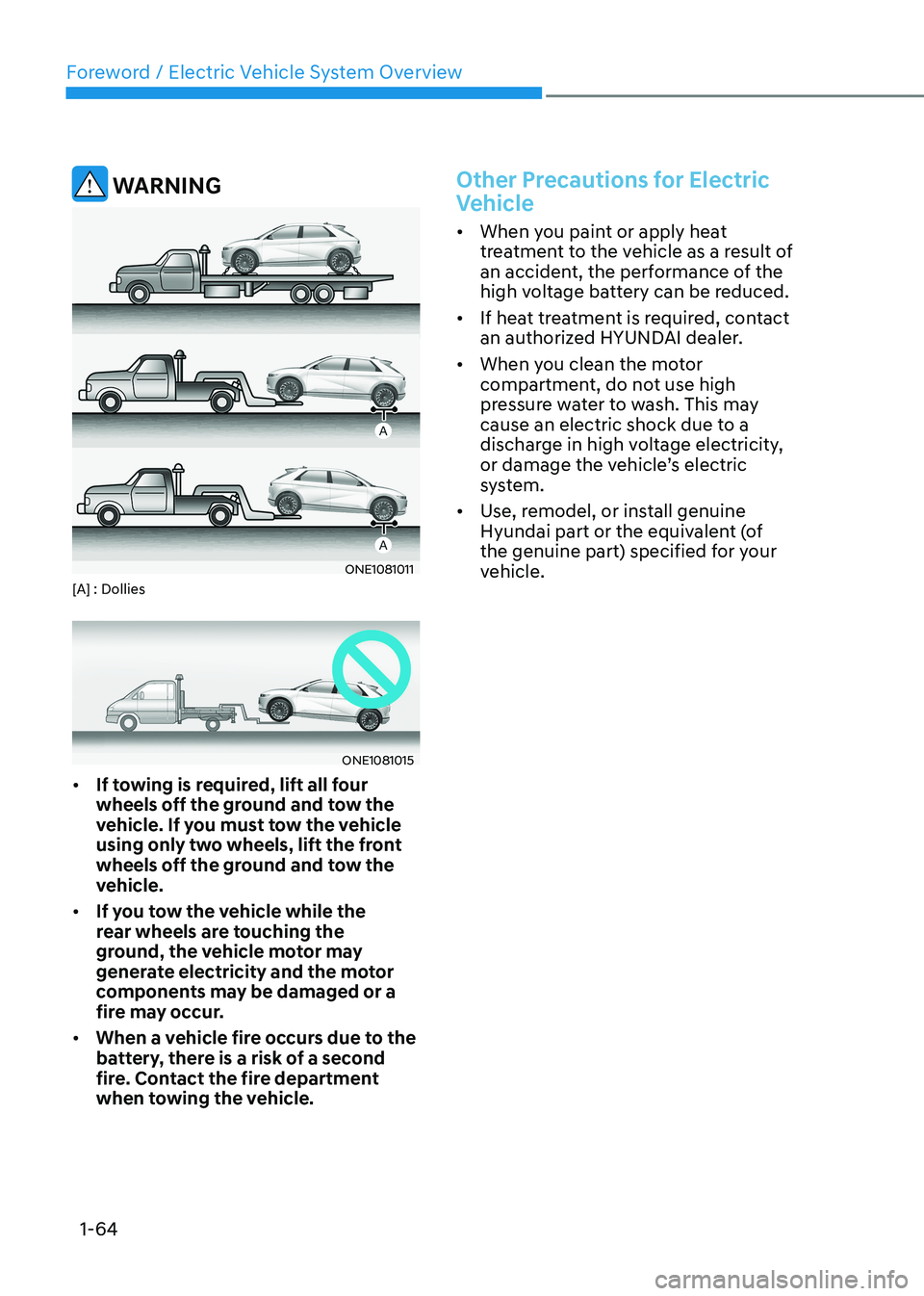 HYUNDAI IONIQ 5 2023 Repair Manual Foreword / Electric Vehicle System Overview
1-64
 WARNING
ONE1081011
[A] : Dollies
ONE1081015
•	 If towing is required, lift all four  
wheels off the ground and tow the 
vehicle. If you must tow th