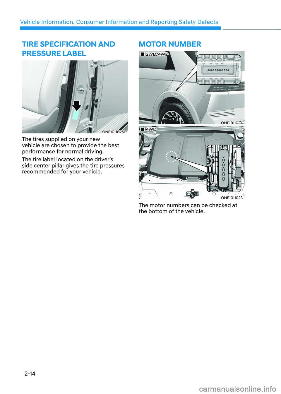 HYUNDAI IONIQ 5 2023 Manual Online Vehicle Information, Consumer Information and Reporting Safety Defects
2-14
tIre specIfIcatIon anD pressure laBel
ONE1011025L
The tires supplied on your new
vehicle are chosen to provide the best
HYUNDAI IONIQ 5 2023 Manual Online Vehicle Information, Consumer Information and Reporting Safety Defects
2-14
tIre specIfIcatIon anD pressure laBel
ONE1011025L
The tires supplied on your new
vehicle are chosen to provide the best