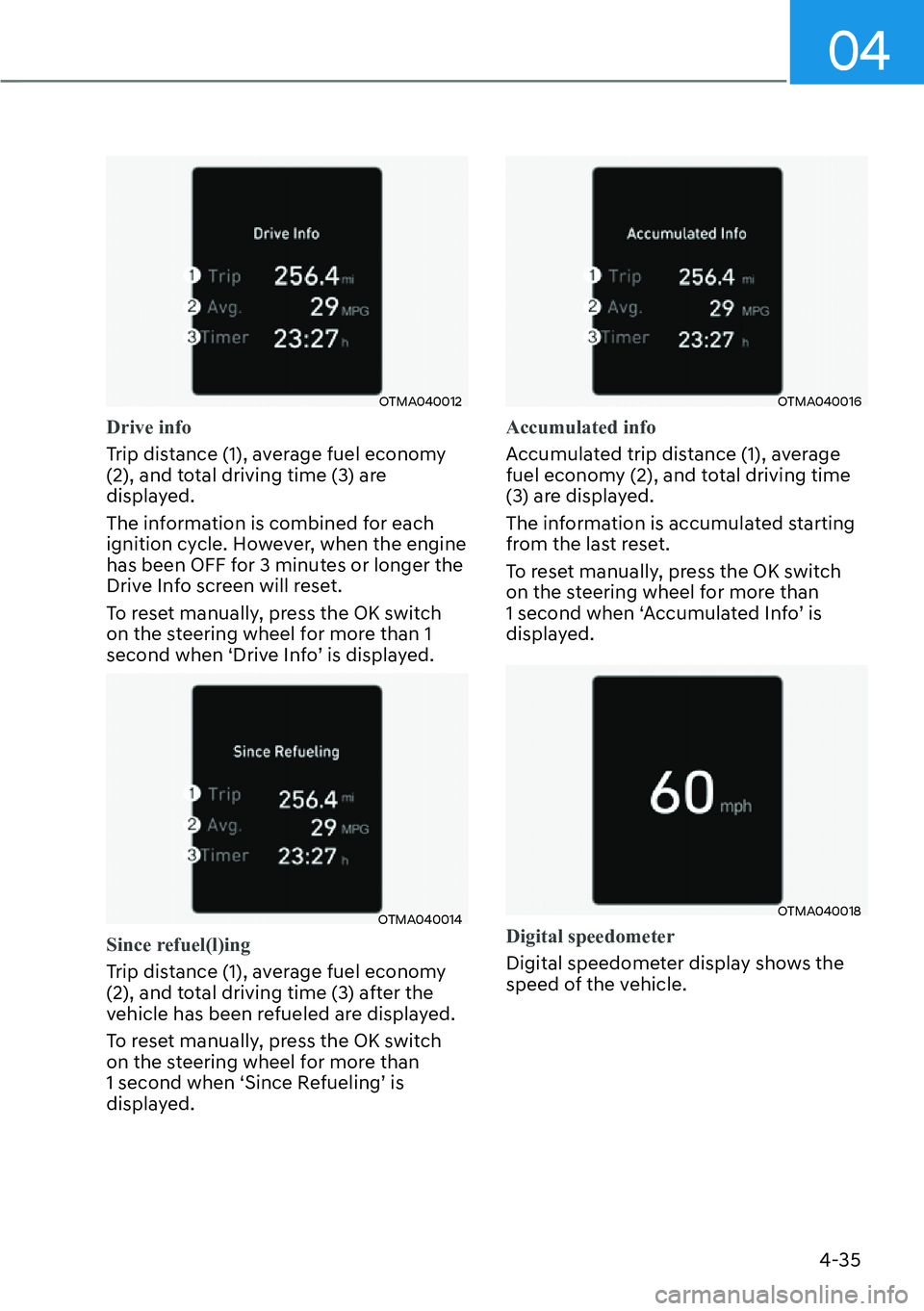 HYUNDAI KONA 2023 Owners Manual 04
4-35
OTMA040012
Drive info
Trip distance (1), average fuel economy
(2), and t
otal driving time (3) are
displayed.
The information is combined for each
ignition cycle. However, when the engine
HYUNDAI KONA 2023 Owners Manual 04
4-35
OTMA040012
Drive info
Trip distance (1), average fuel economy
(2), and t
otal driving time (3) are
displayed.
The information is combined for each
ignition cycle. However, when the engine
