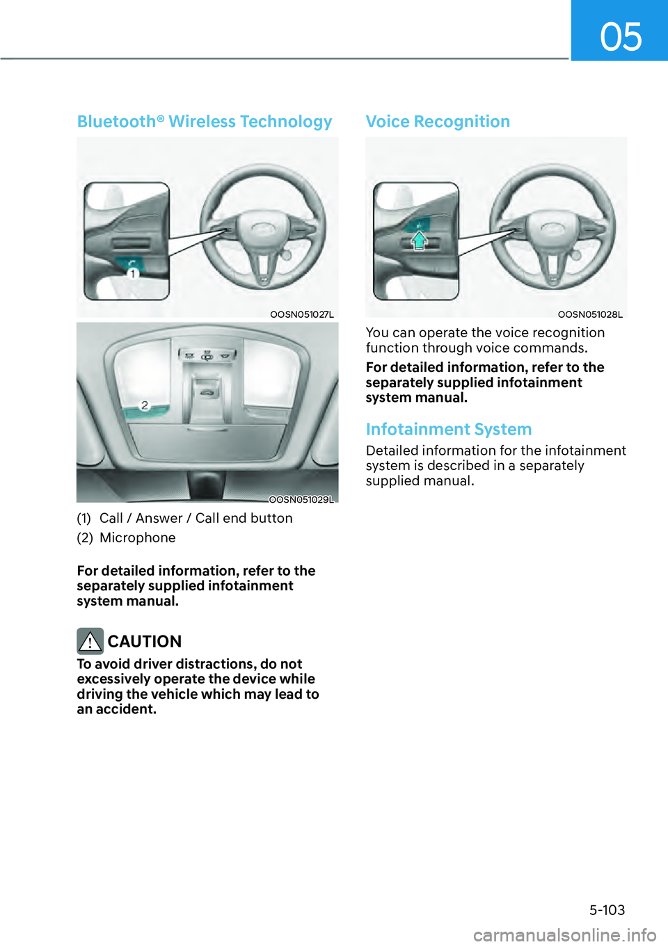 HYUNDAI KONA 2023  Owners Manual 05
5-103
Bluetooth® Wireless Technology
OOSN051027L
OOSN051029L
(1)  Call / Answer / Call end button
(2) Microphone
For detailed information, refer to the 
separately supplied infotainment 
system ma