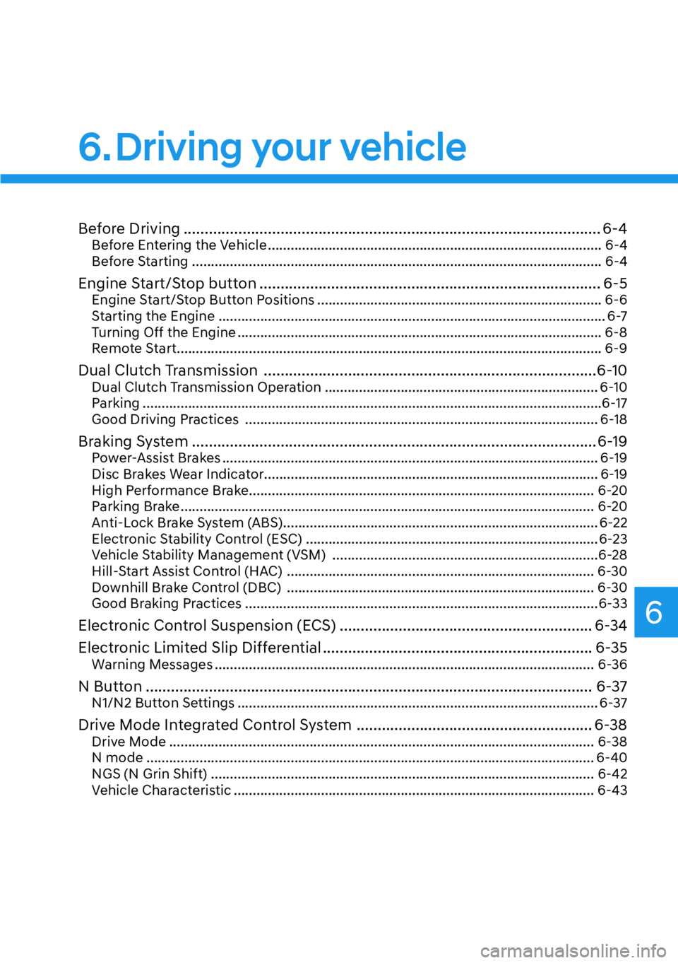 HYUNDAI KONA 2023  Owners Manual 6
Before Driving ........................................................................\
........................... 6-4Before Entering the Vehicle ..................................................