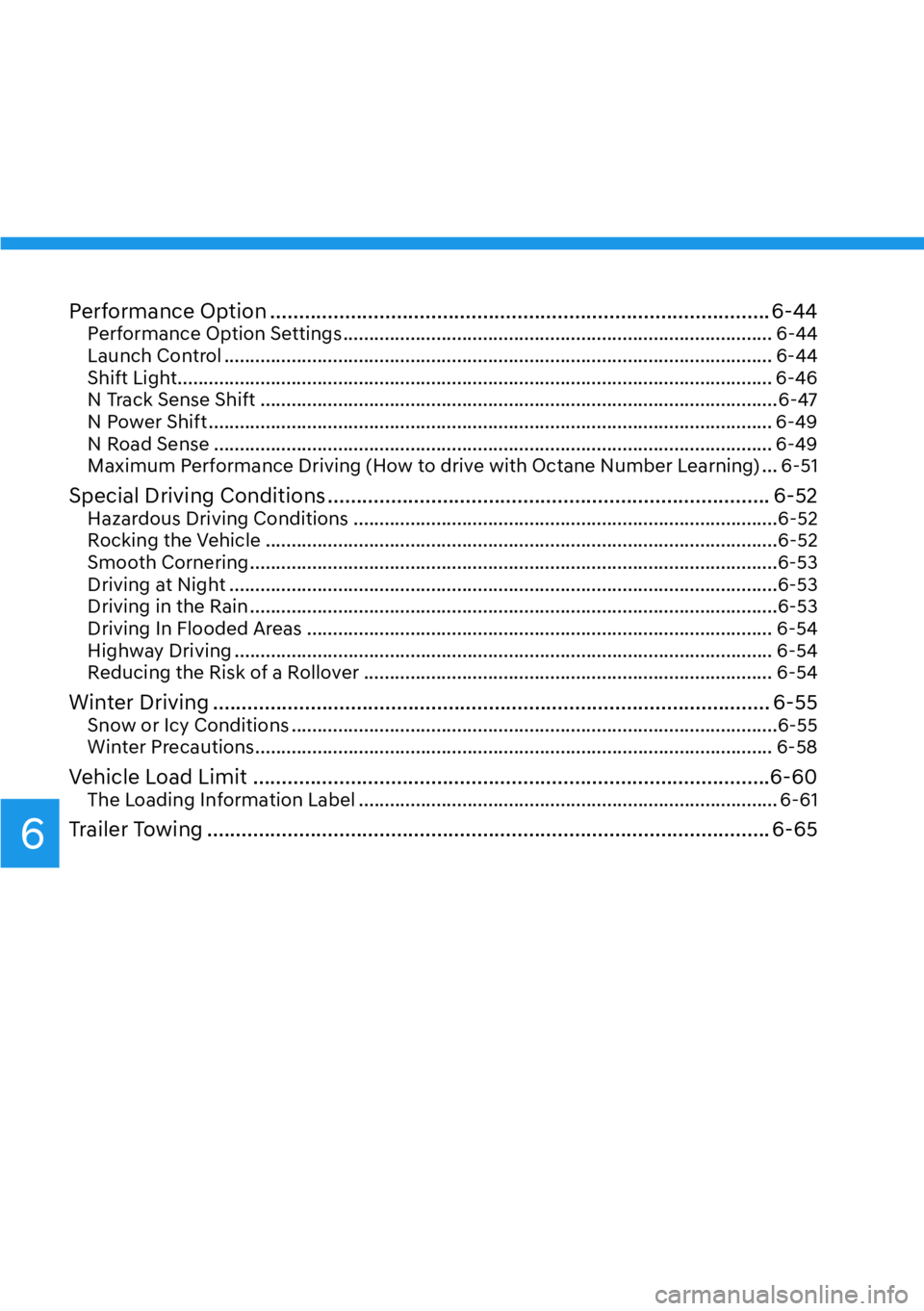 HYUNDAI KONA 2023  Owners Manual 6
Performance Option ........................................................................\
............... 6-44Performance Option Settings .........................................................
