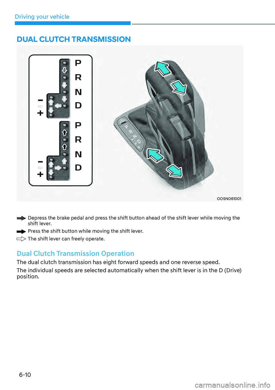 HYUNDAI KONA 2023  Owners Manual Driving your vehicle6-10
OOSN061001
Depress the brake pedal and press the shift button ahead of the shift lever while moving the 
shift lever.
Press the shift button while moving the shift lever.
The 