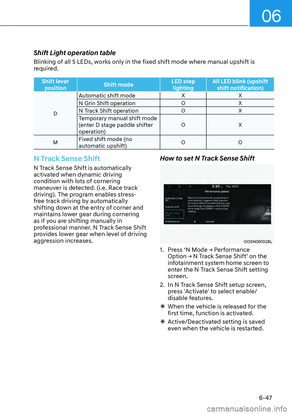 HYUNDAI KONA 2023  Owners Manual 06
6-47
N Track Sense Shift
N Track Sense Shift is automatically 
activated when dynamic driving 
condition with lots of cornering 
maneuver is detected. (i.e. Race track 
driving). The program enable