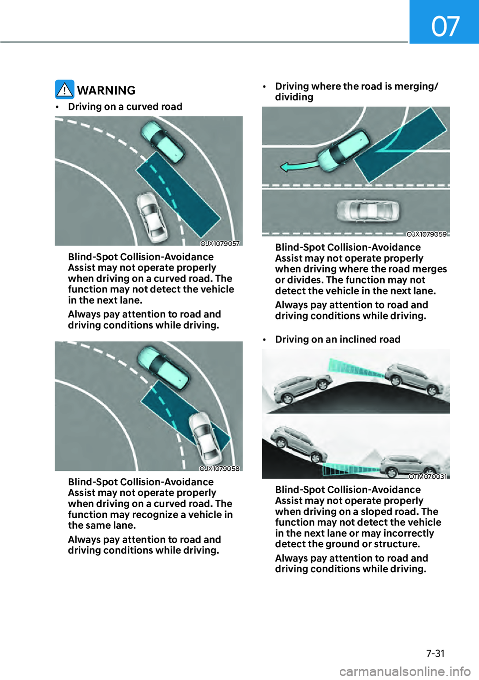 HYUNDAI KONA 2023  Owners Manual 07
7-31
 WARNING
[�Driving on a curved road
OJX1079057
Blind-Spot Collision-Avoidance 
Assist may not operate properly 
when driving on a curved road. The 
function may not detect the vehicle 
in th