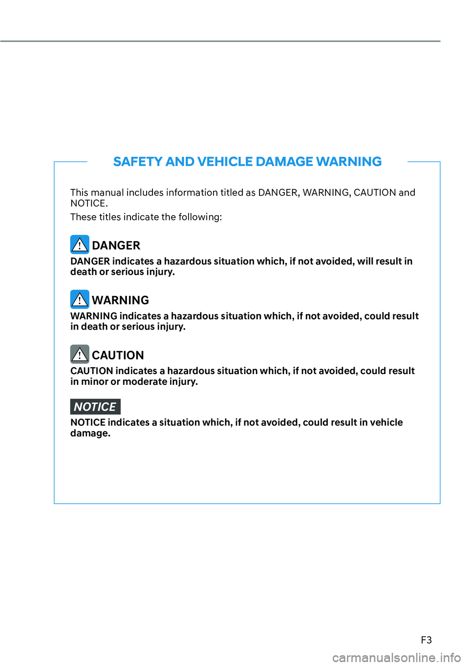 HYUNDAI KONA 2023  Owners Manual F3
This manual includes information titled as DANGER, WARNING, CAUTION and 
NOTICE.
These titles indicate the following:
 DANGER
DANGER indicates a hazardous situation which, if not avoided, will resu