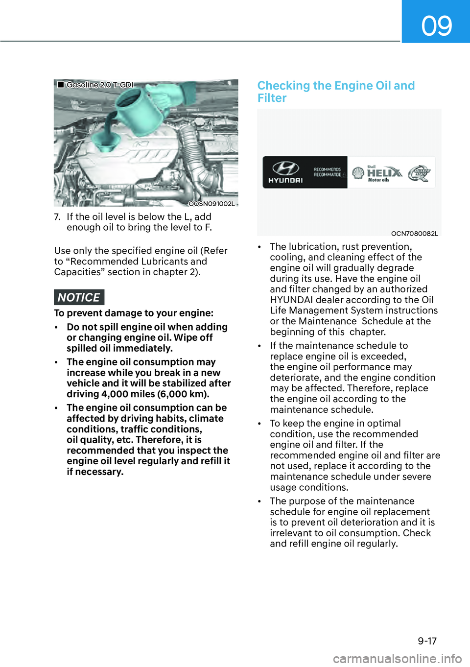 HYUNDAI KONA 2023  Owners Manual 09
9-17
��„Gasoline 2.0 T-GDI
OOSN091002L
7.  If the oil level is below the L, add enough oil to bring the level to F.
Use only the specified engine oil (Refer 
to “Recommended Lubricants and 
Ca