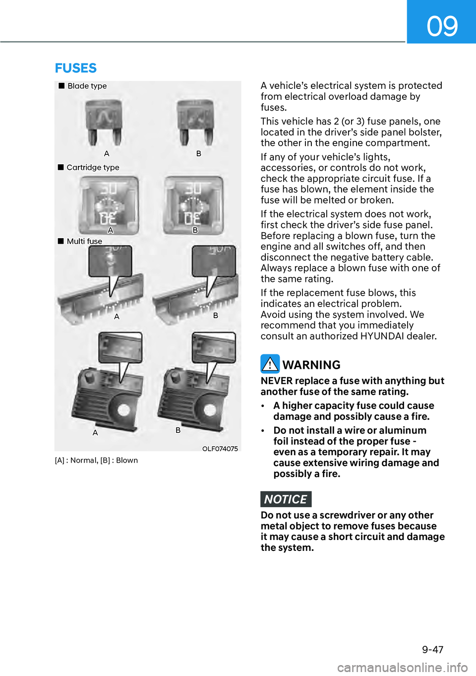 HYUNDAI KONA 2023  Owners Manual 09
9-47
FUSES
OLF074075
A
�
�„Blade type
�
�„Cartridge type
�
�„Multi fuseA
A
B
B
B
B
A
[A] : Normal, [B] : Blown
A vehicle’s electrical system is protected 
from electrical overload damage