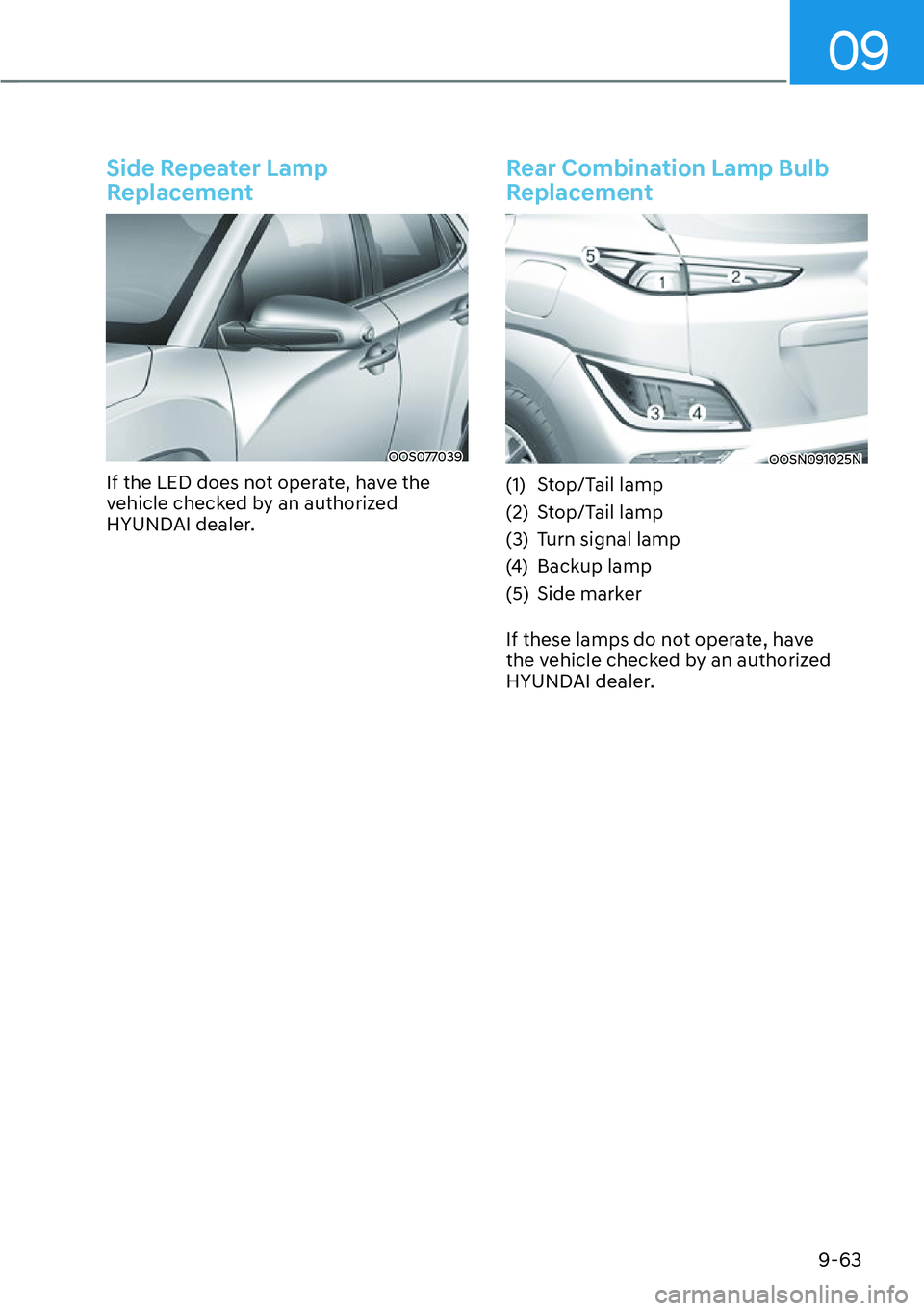 HYUNDAI KONA 2023  Owners Manual 09
9-63
Side Repeater Lamp 
Replacement
OOS077039
If the LED does not operate, have the 
vehicle checked by an authorized 
HYUNDAI dealer.
Rear Combination Lamp Bulb 
Replacement
OOSN091025N  
(1) Sto