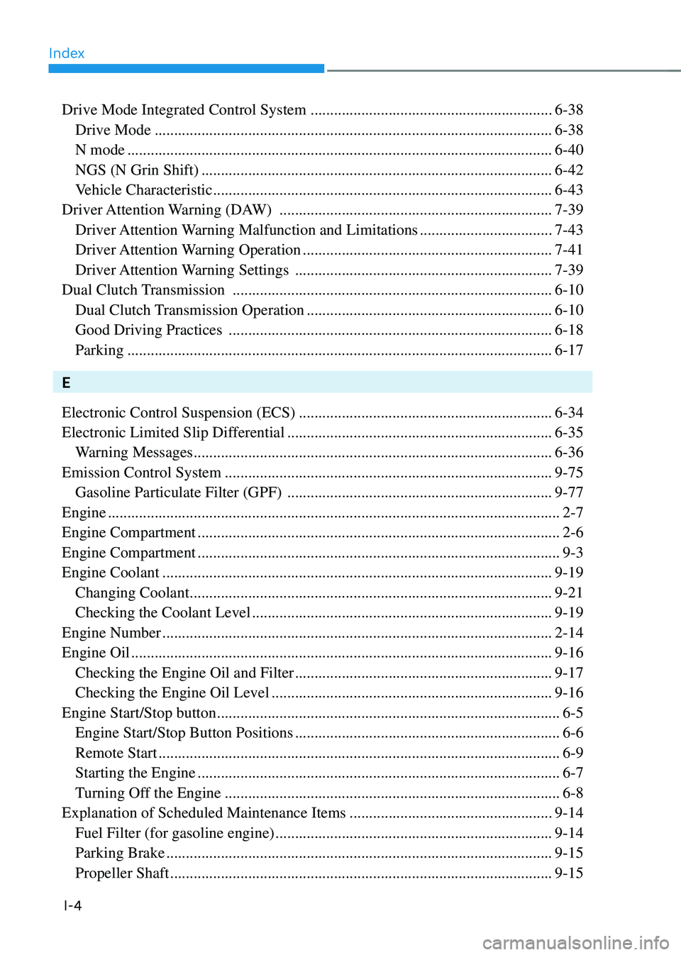 HYUNDAI KONA 2023  Owners Manual Index
I-4
Drive Mode Integrated Control System  ..............................................................6-38
 Drive Mode ........................................................................\