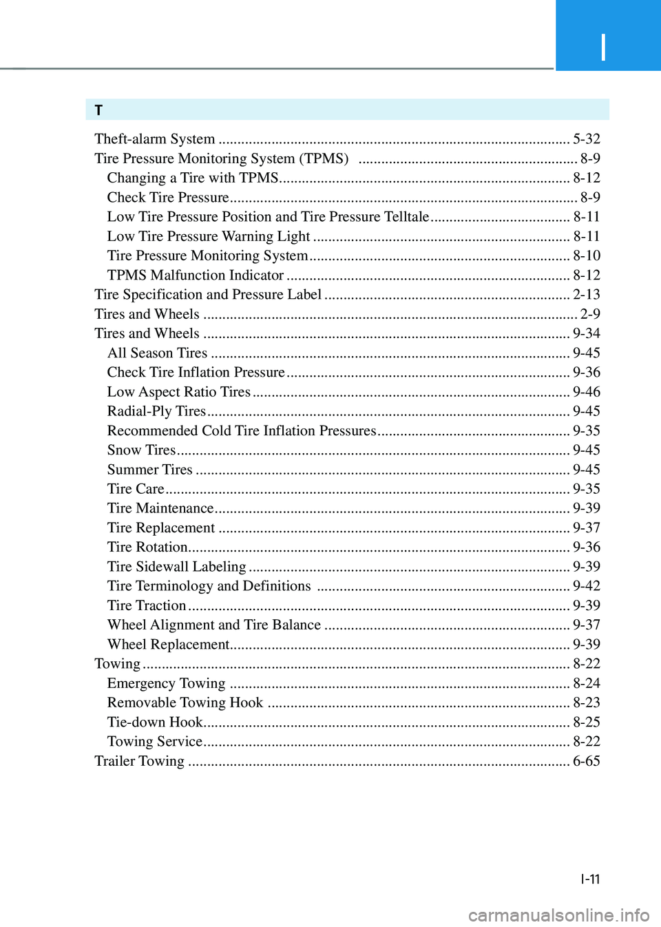 HYUNDAI KONA 2023 Owners Manual I
I-11
T
Theft-alarm System
........................................................................\
.....................5-32
Tire Pressure Monitoring System (TPMS)
............................. HYUNDAI KONA 2023 Owners Manual I
I-11
T
Theft-alarm System
........................................................................\
.....................5-32
Tire Pressure Monitoring System (TPMS)
.............................